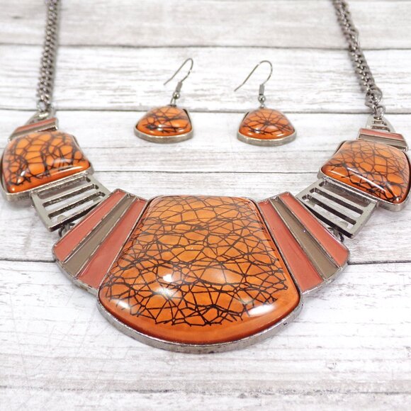 Large orange and black statment necklace and earring set w/ domed cabochon beads - Picture 5 of 7